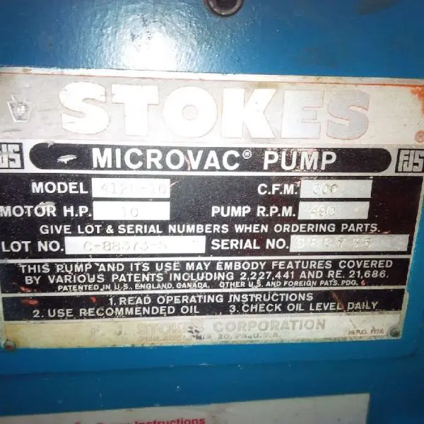 412 Dual Vacuum Pump Data Plate